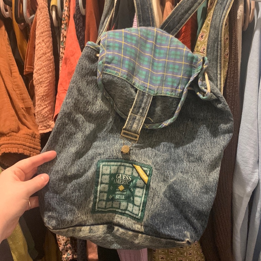 Vintage Guess Denim Drawstring Backpack - image 1
